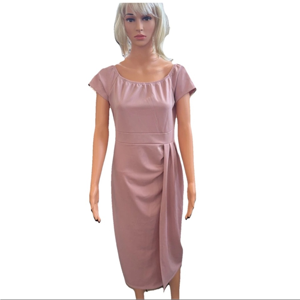 Womens Pink Midi Cap-Sleeve Pleated Draped Sheath Dress Faux Wrap no tags (Med)